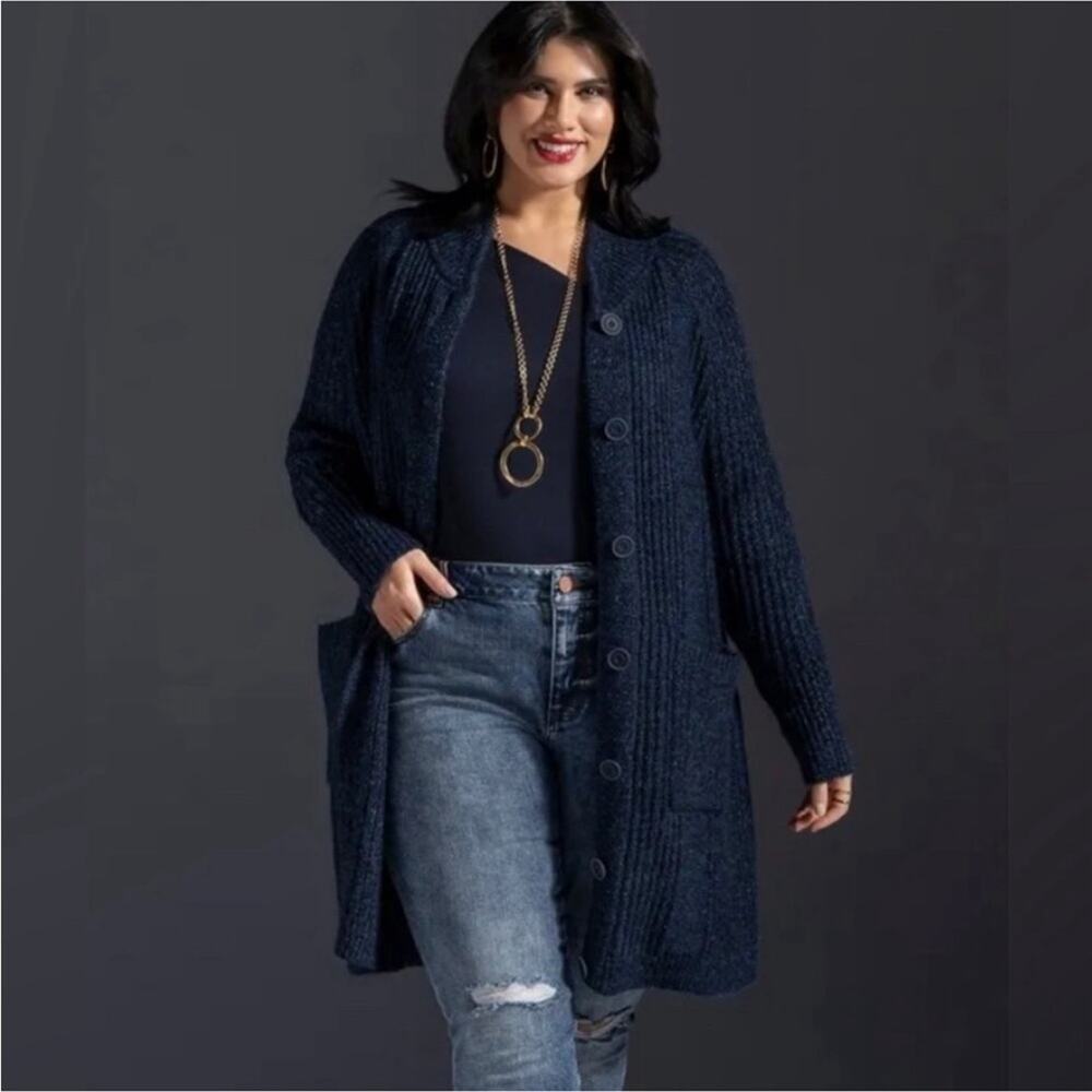 Cabi Trail Cardigan Navy multi color confetti yarn details Patch pockets